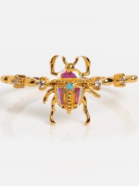 Gold-Tone Scarab Beetle Ring with Pink Aurora Crystal
